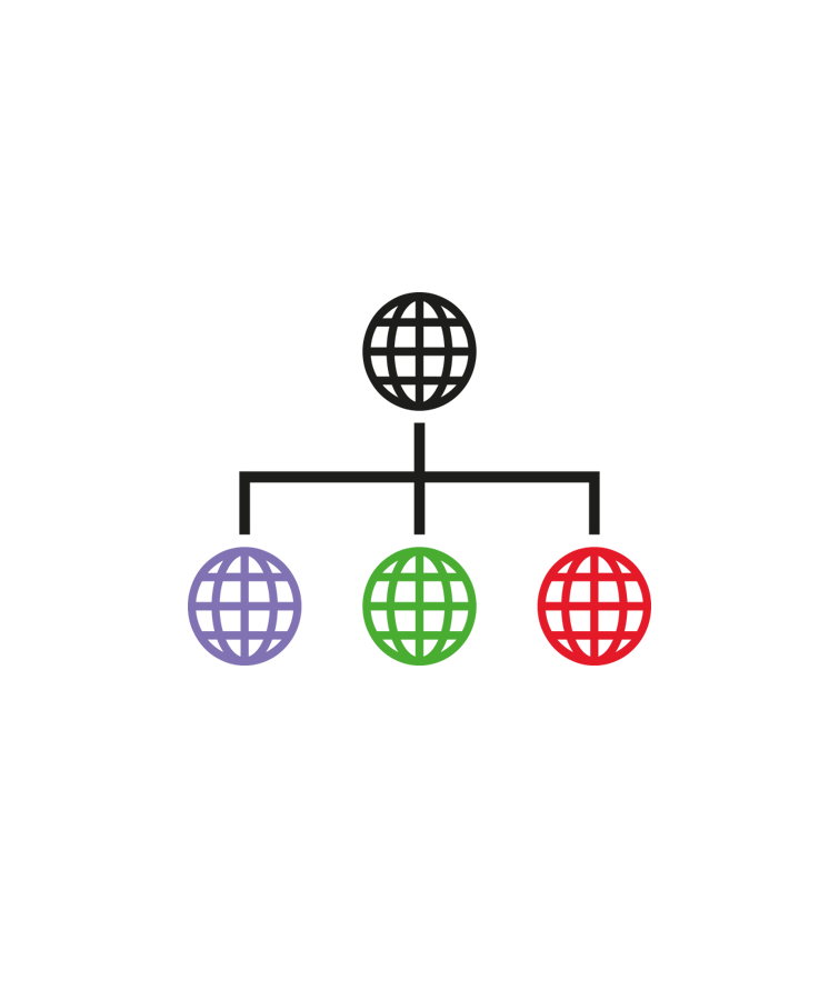 Schaubild mit mehreren Weltkugeln als schematisierte Darstellung von TYPO3 Multidomain